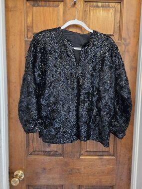 Black Sequin Women's Lined Jacket - Elegant Evening Top Size Large